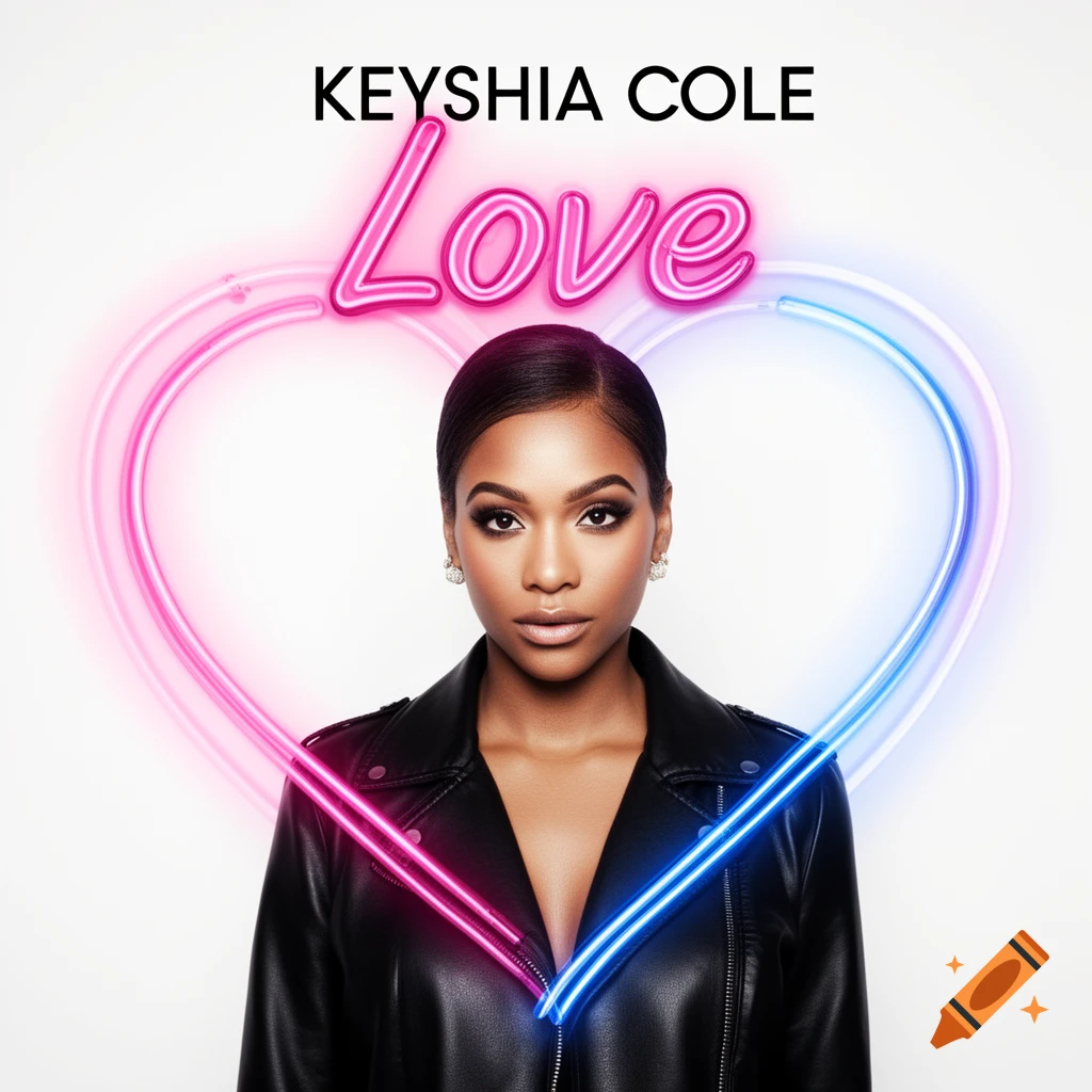 Album cover featuring a woman in a black leather jacket, with pink and blue neon hearts and the text 'Keyshia Cole Love'.