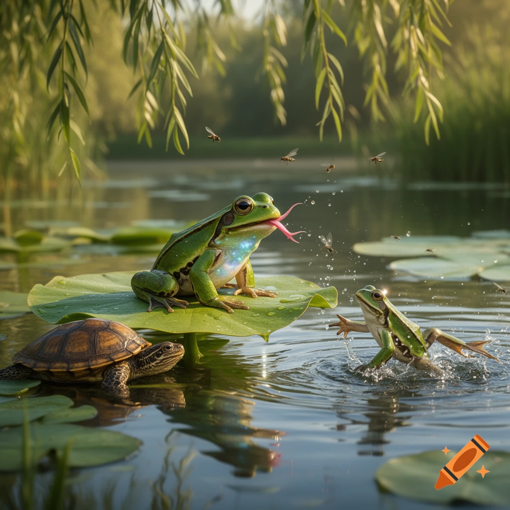 Two frogs and a turtle in a pond; one frog on a lily pad with a glowing chest and extended tongue, another frog splashing, with insects and willow branches.