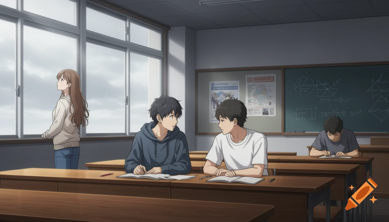Anime illustration of students in a bright classroom. A girl looks out a window, two boys talk, another writes at desks.