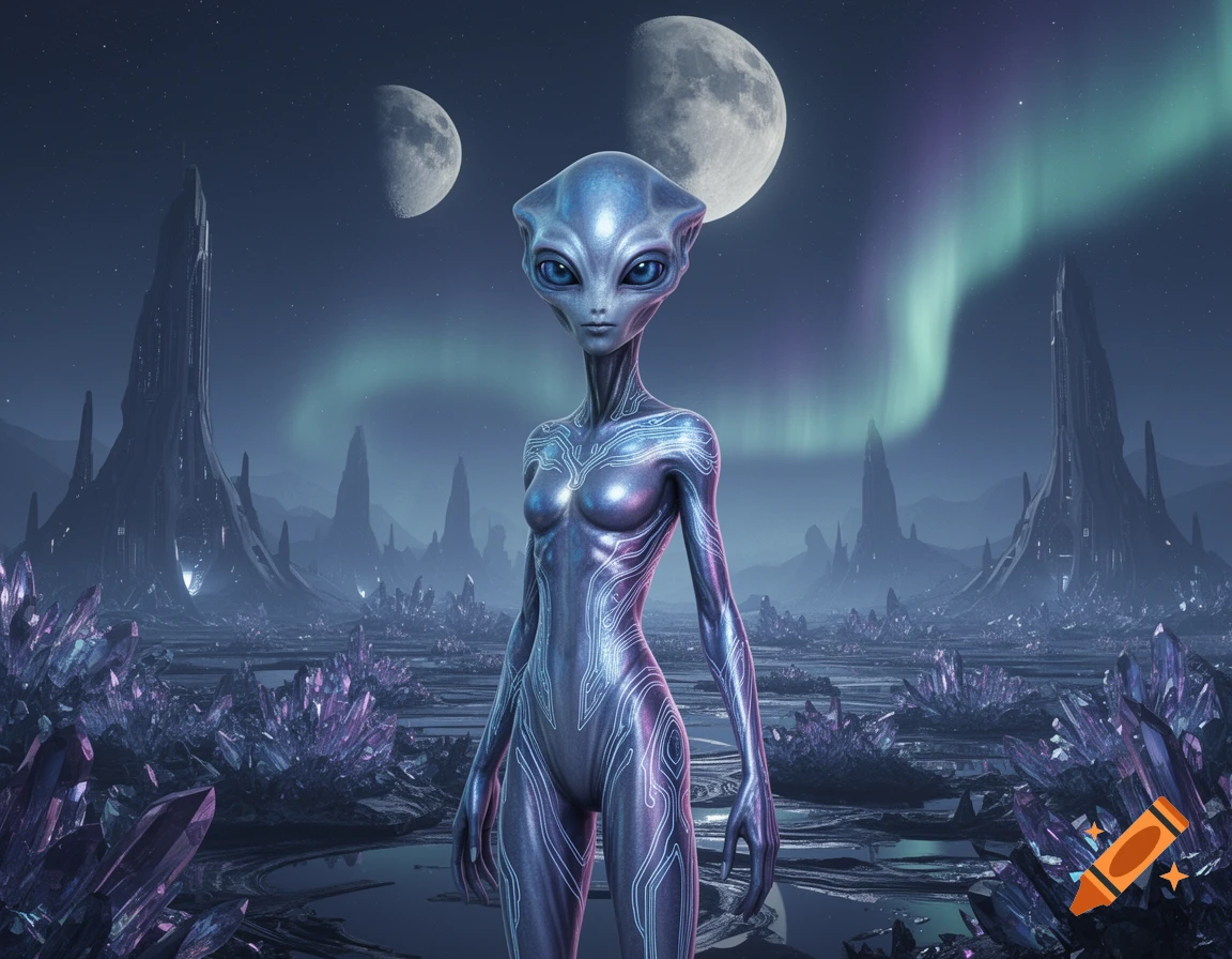 A sleek grey alien with glowing patterns stands on a crystal-laden alien planet under two moons and a purple-green aurora.
