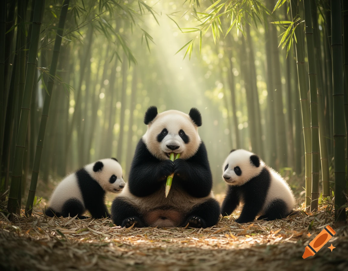 A photorealistic image of a mother panda eating bamboo while two panda cubs sit nearby in a sunlit bamboo forest.