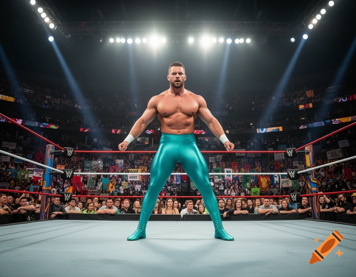 A muscled pro wrestler in teal tights stands confidently in a brightly lit wrestling ring filled with a cheering crowd.