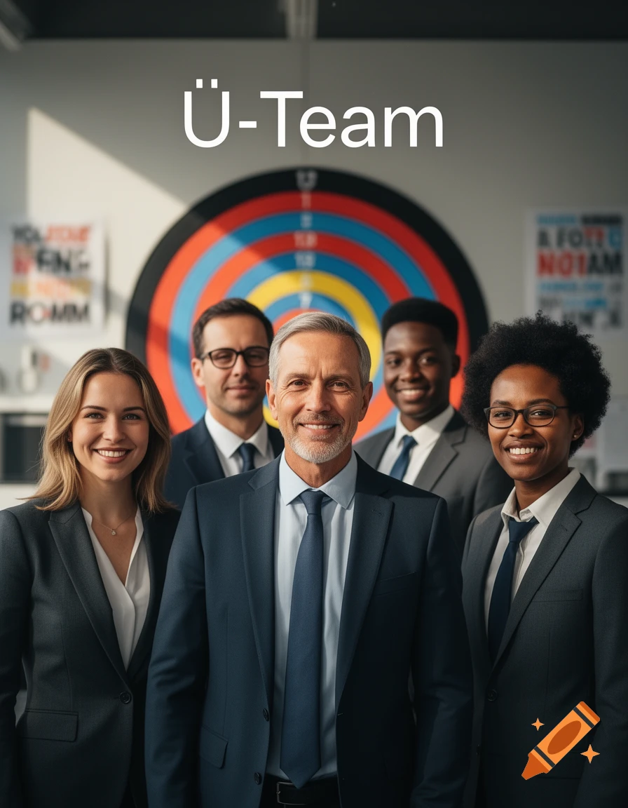 A diverse team of five smiling business professionals in suits standing in front of a dartboard with 'Ü-Team' text above them.