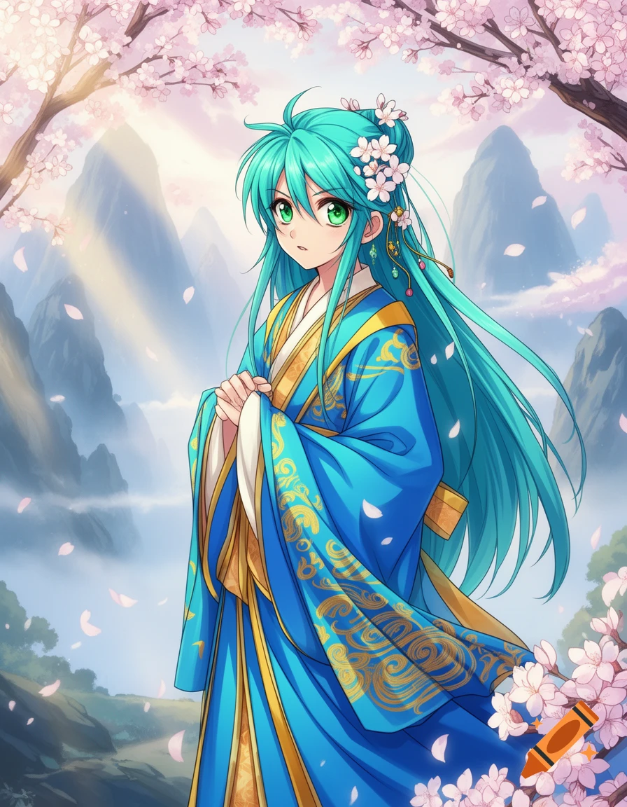 An anime girl with long teal hair and green eyes, wearing a blue and gold traditional robe, stands among pink cherry blossoms with mountains in the background.