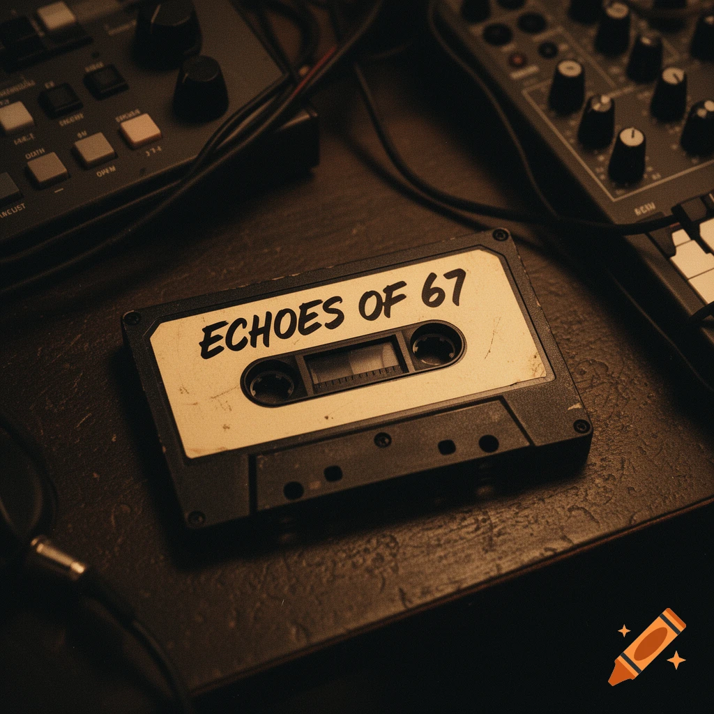 A vintage cassette tape labeled "ECHOES OF 67" on a dark studio desk with music production gear.