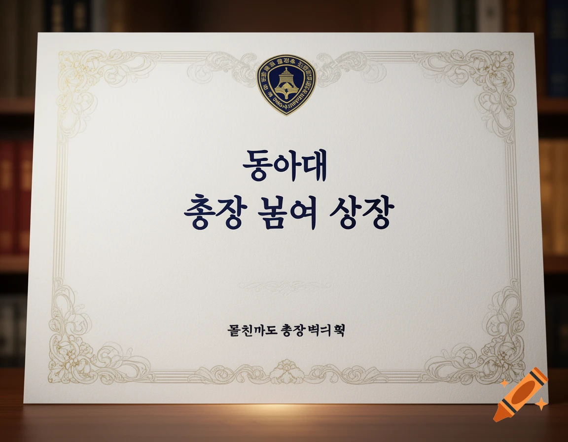 A beige award certificate with ornate gold borders and a university seal. Korean text in dark blue reads 'Dong-A University' and 'President Bom-yeo Award Certificate' with another line at the bottom.