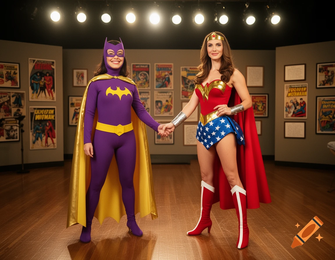Two women, one dressed as Batgirl in purple and gold and the other as Wonder Woman in red, blue, and gold, stand holding hands in a comic book museum.