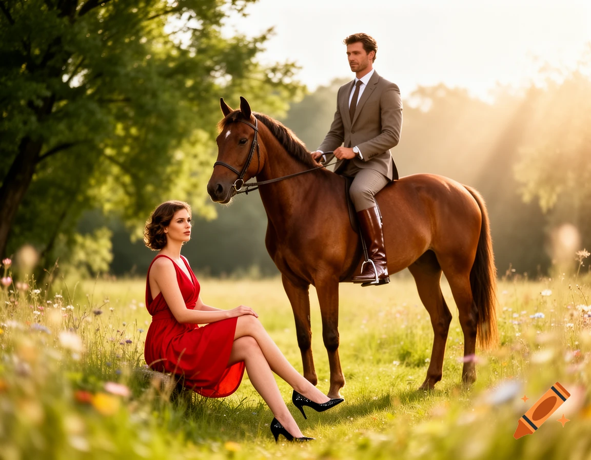 A man in a suit rides a brown horse, while a woman in a red dress sits in a sunlit meadow.