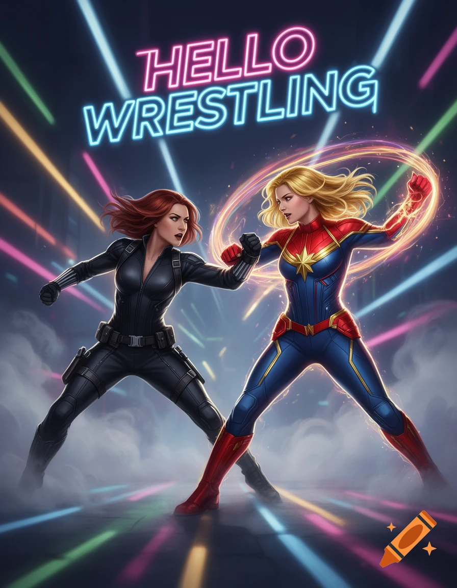 Black Widow and Captain Marvel confront each other, with a neon 'HELLO WRESTLING' sign above, stylized like a comic book cover.
