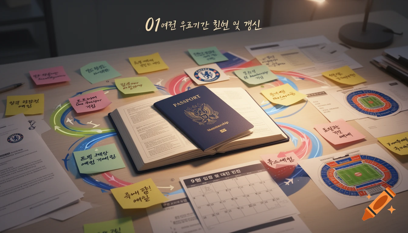 A desk is cluttered with travel planning materials, including an open book with a passport on it, sticky notes with Korean text, a Chelsea FC logo, a calendar, and stadium diagrams, all under a desk lamp. The overall style is photorealistic.