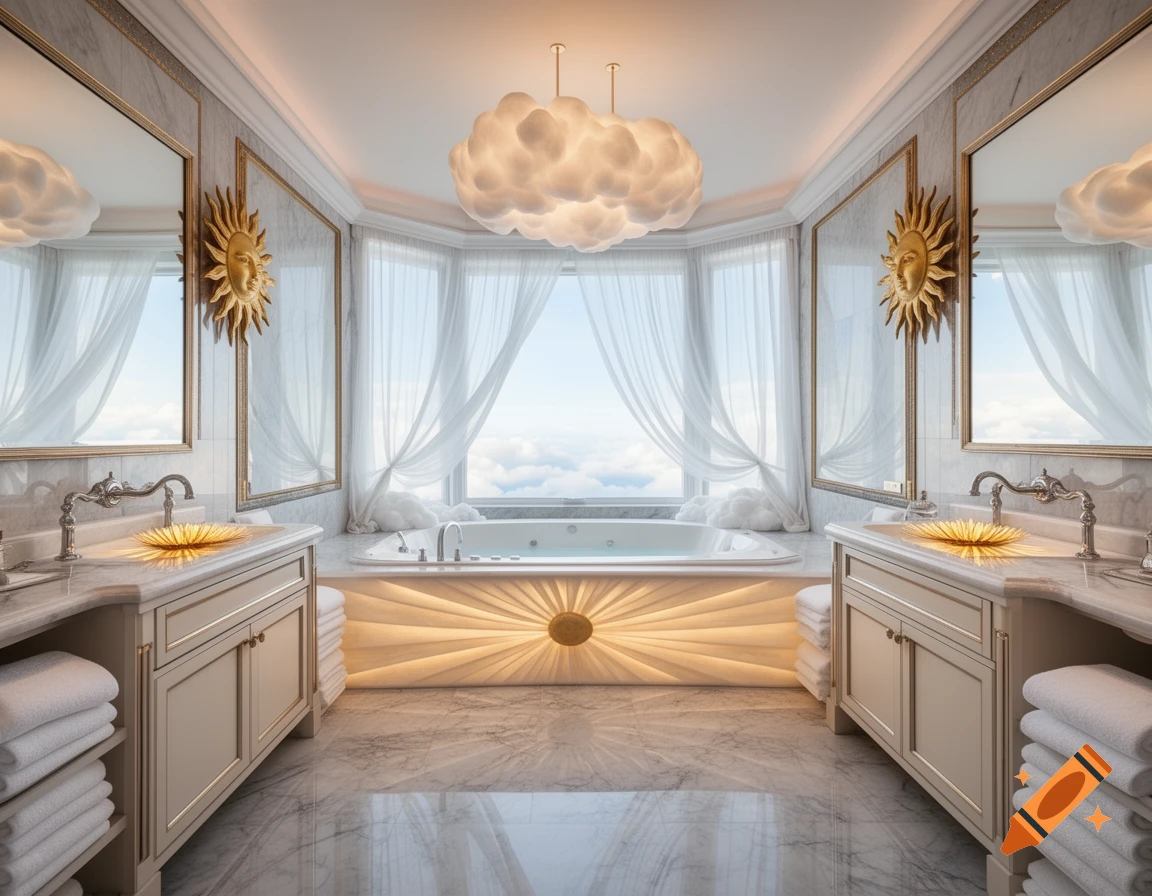 A luxurious bathroom with marble floors and walls, dual vanities, a cloud-shaped light, sun decorations, and a bathtub overlooking clouds.