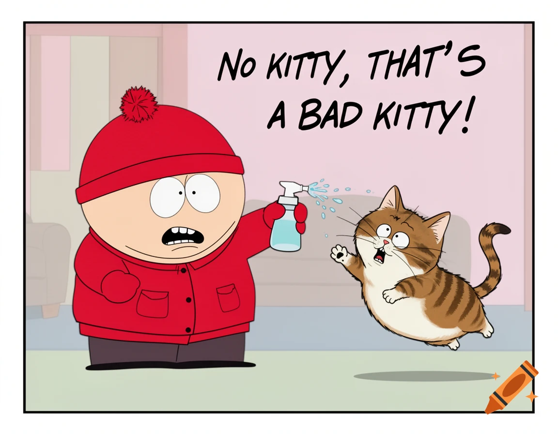 Cartoon Eric Cartman from South Park sprays a cat, saying 'No kitty, THAT'S A BAD KITTY!'