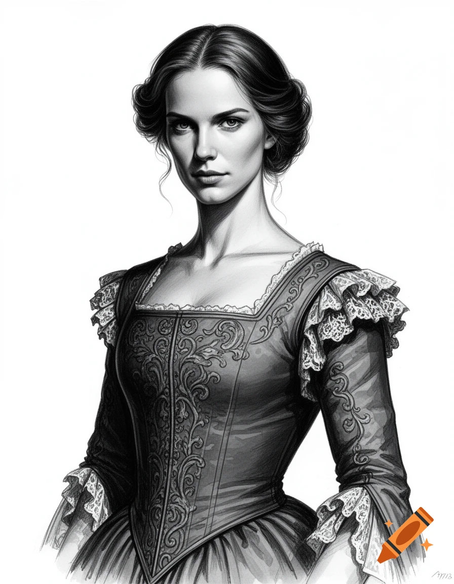 Black and white drawing of a stern woman in a historical Renaissance-style gown with elaborate lace details, looking directly forward.