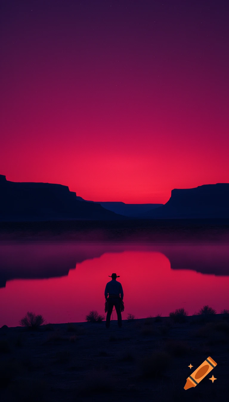A lone cowboy silhouette stands facing a still, reflective lake in a neon western desert under a deep magenta and red twilight sky.