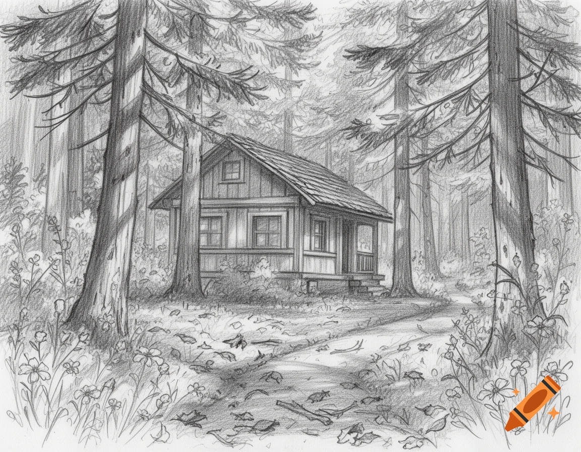A detailed pencil sketch of a rustic wooden cabin nestled among tall pine trees in a forest, with a path leading to it.
