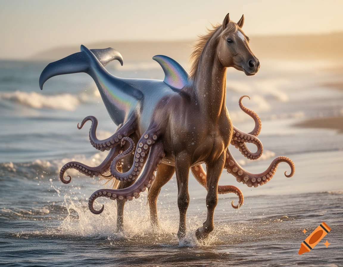 A majestic, photorealistic horse-dolphin-octopus hybrid stands in shallow ocean water, splashing at sunset.