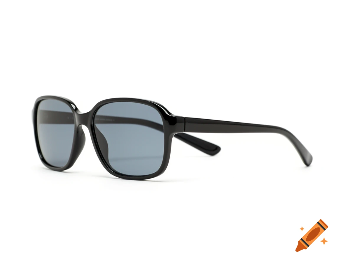 A pair of black-framed sunglasses with dark lenses on a white background, shot with studio lighting.