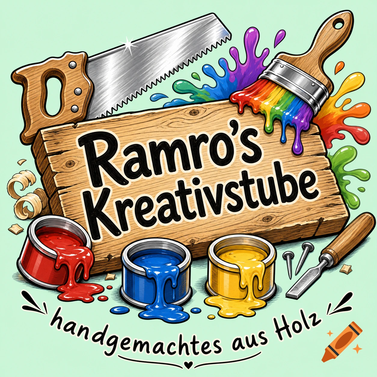 A colorful comic-style logo with a saw, a paintbrush with rainbow paint, three paint cans, wood shavings, and a chisel on a wooden plank against a light green background. Text reads "Ramro's Kreativstube" and "handgemachtes aus Holz".