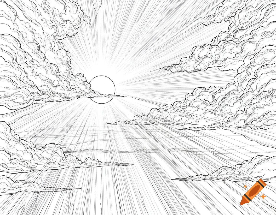 Black and white line art illustration of the sun breaking through clouds with rays.