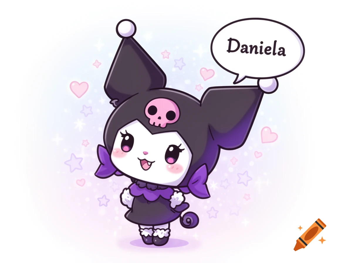 Cute chibi Kuromi character with a pink skull on her head, holding a speech bubble with the name 'Daniela', surrounded by hearts and stars.