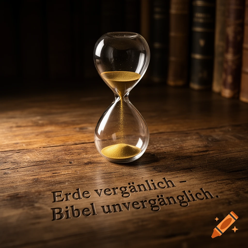Photorealistic hourglass with flowing sand on a rustic wooden table with carved German text, blurred books in background.
