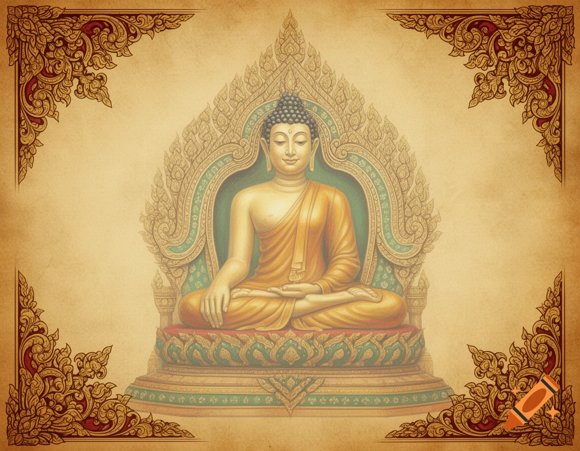 A serene Buddha statue meditating, in traditional Southeast Asian style with ornate patterns on an aged background.