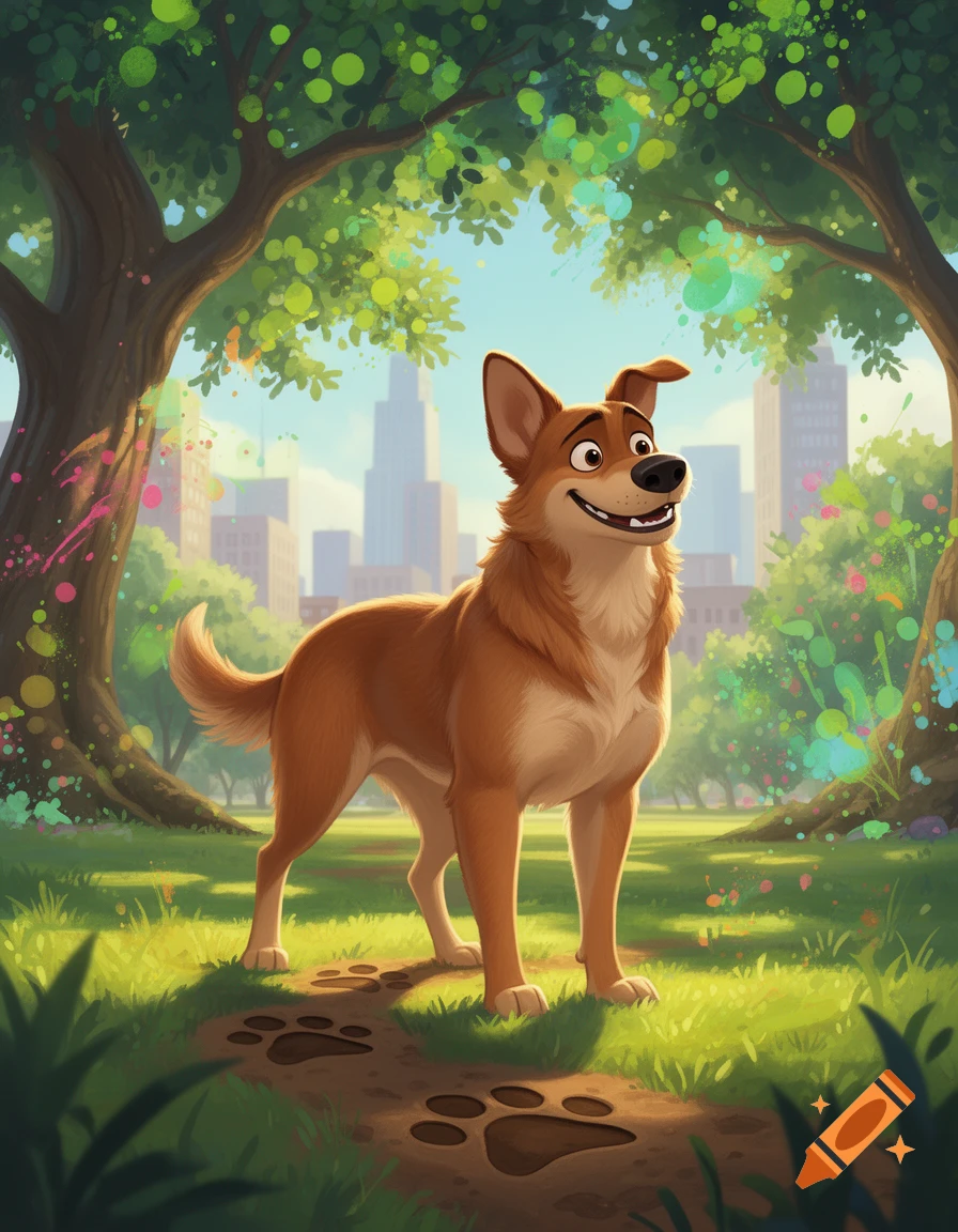 A happy cartoon brown dog stands in a vibrant park with colorful foliage and a city skyline in the background.
