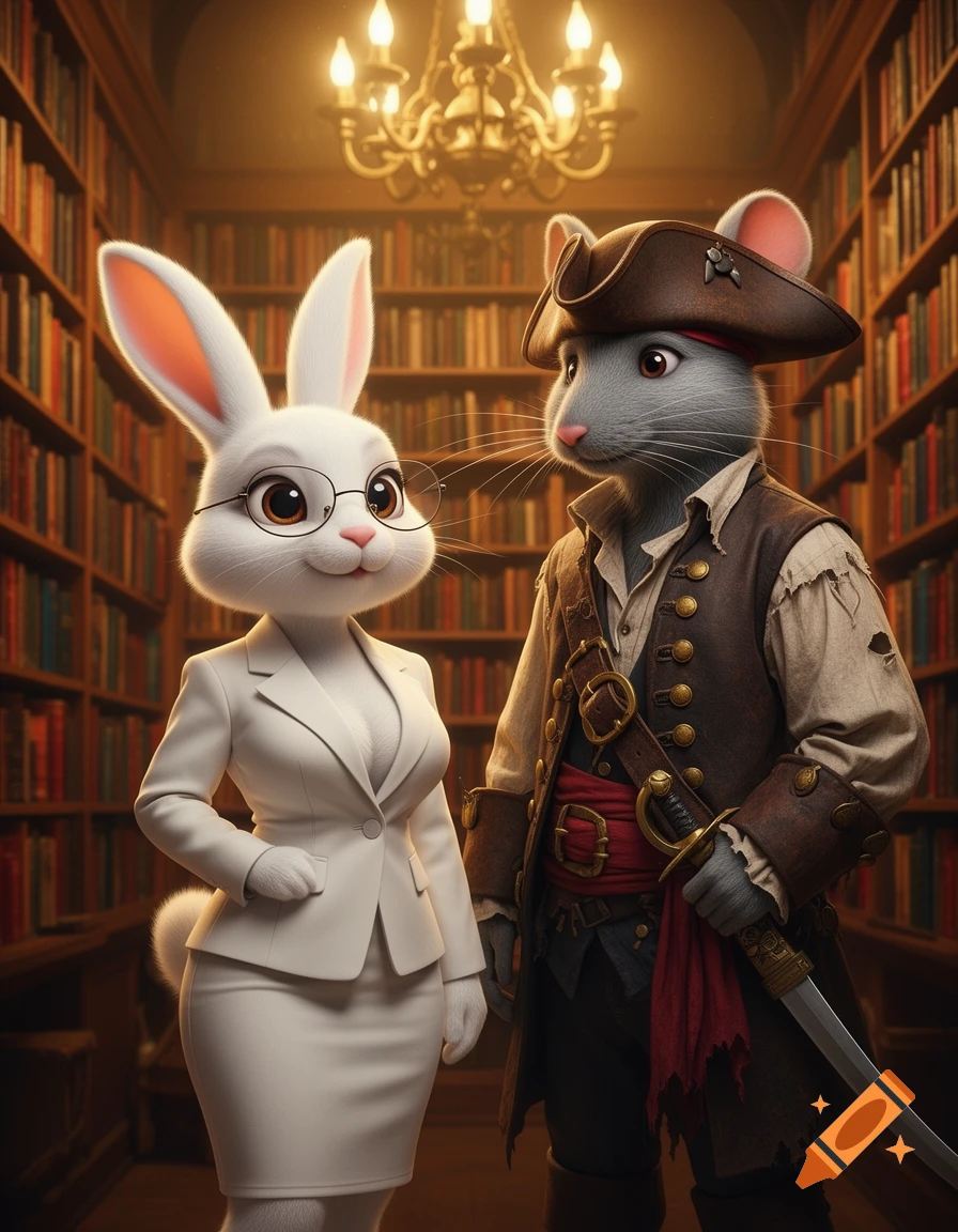 A cute female rabbit librarian with glasses stands next to a male grey mouse pirate in a detailed library.
