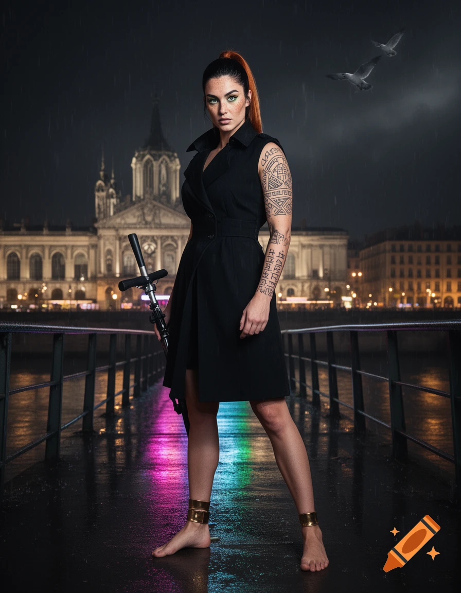 A woman with red hair and tattoos in a black trench coat stands barefoot on a wet city bridge at night, holding an object. City lights reflect on the ground.