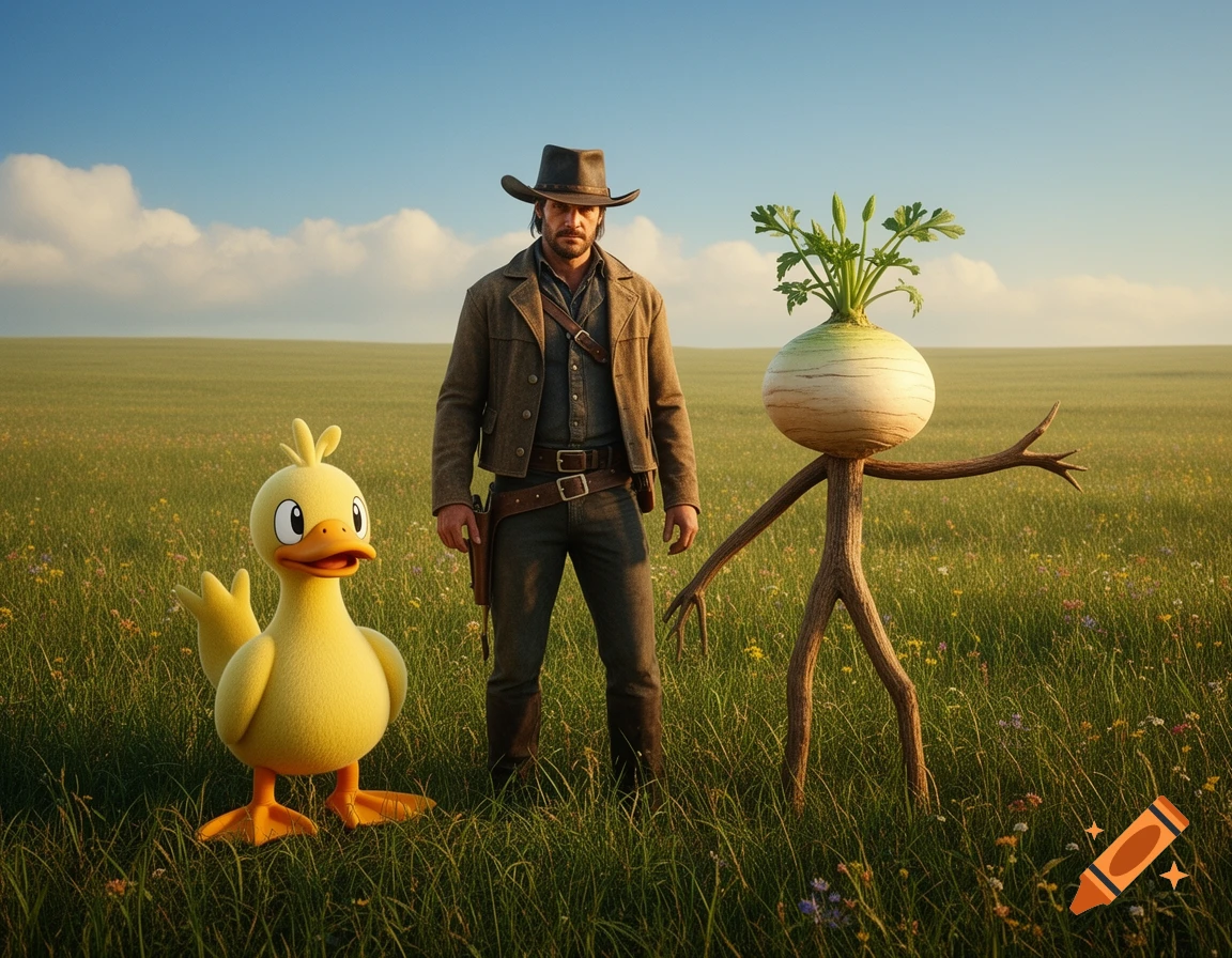 A cowboy, a yellow cartoon duck, and a turnip-headed creature stand in a grassy field under a blue sky.