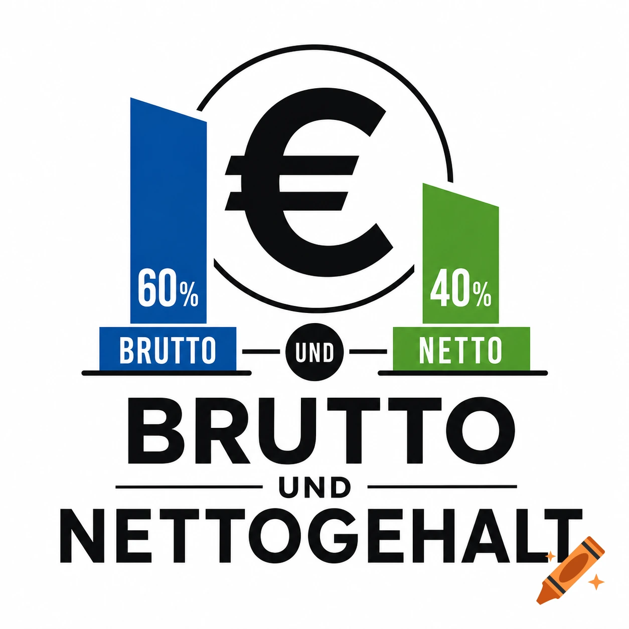 Infographic with Euro symbol, blue bar for 60% BRUTTO, green bar for 40% NETTO, and text 'BRUTTO UND NETTOGEHALT'.
