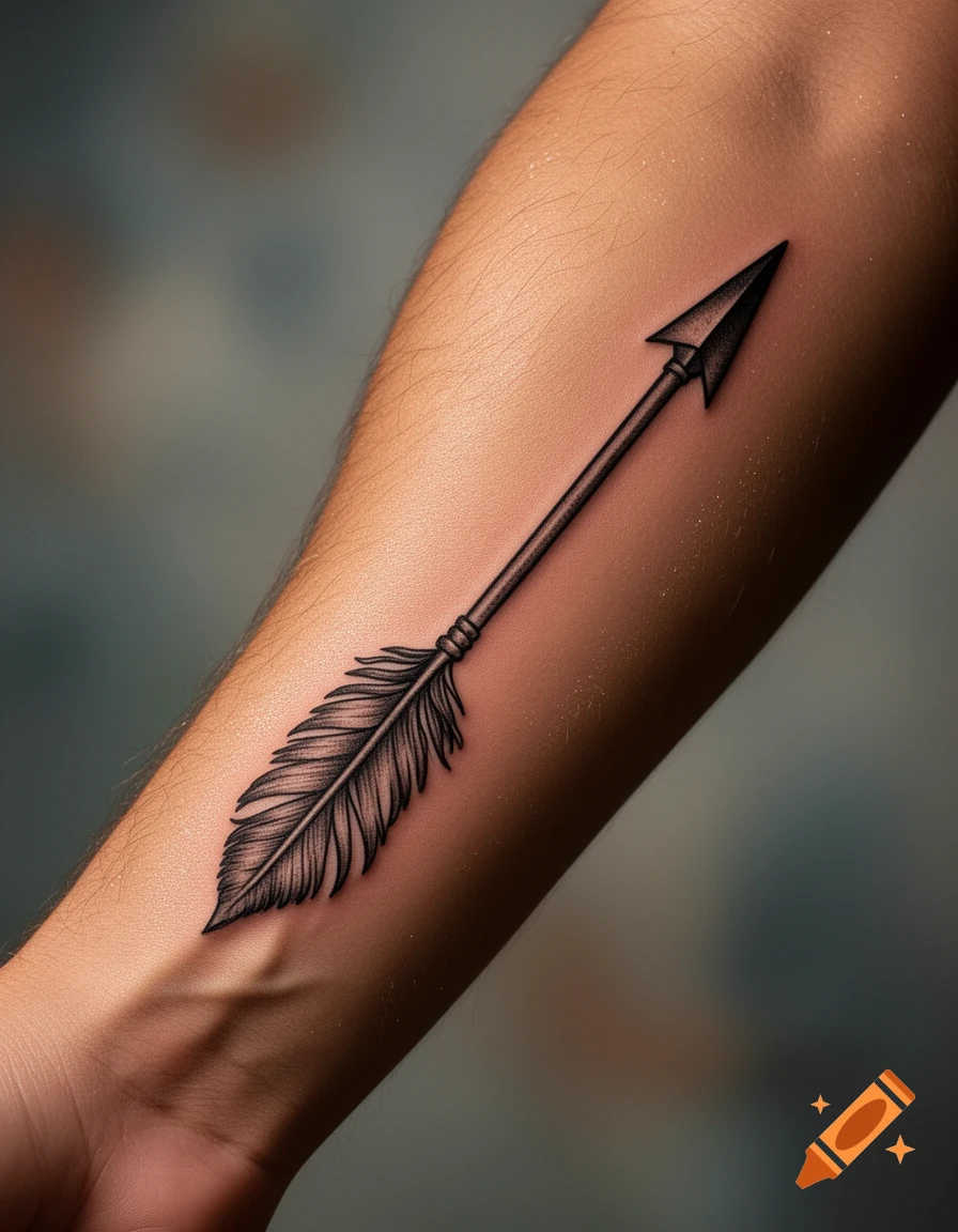Black and grey illustrative arrow tattoo with feather fletching on a person's forearm, photorealistic style.