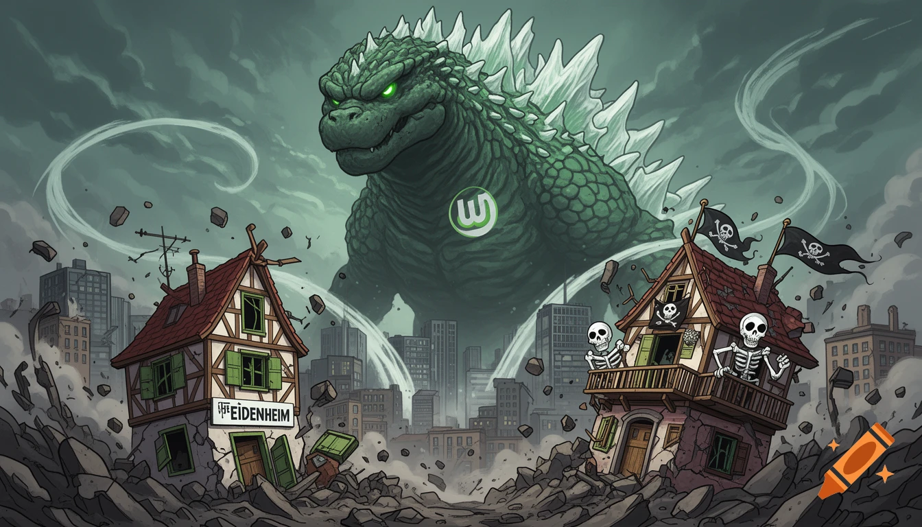 A cartoon Godzilla with a green 'W' logo on its chest towers over a destroyed city, crushing houses with pirate flags and skeletons, in a comic book style.