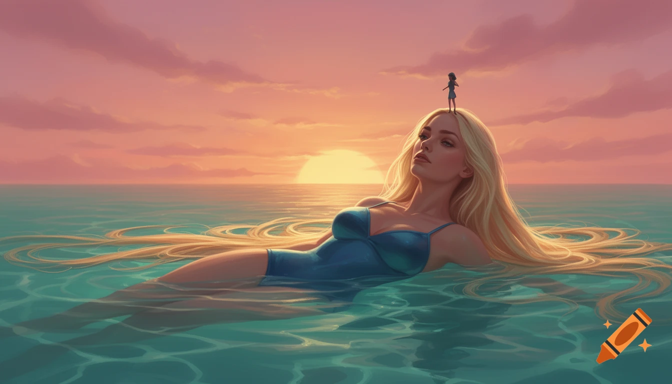 An artistic illustration of a giant blonde woman in a blue swimsuit floating in the ocean at sunset, with a tiny person standing on her head.