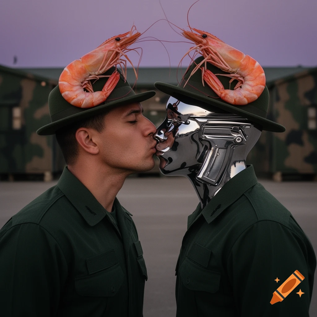 A military man kisses a metallic humanoid with a gun head; both wear hats adorned with large shrimp, in a surreal outdoor scene.
