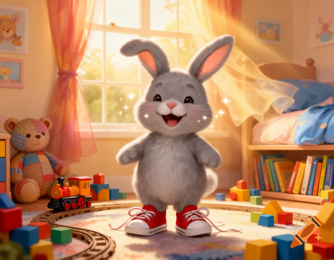 A happy gray bunny in red untied sneakers stands in a sunny, colorful bedroom filled with toys.