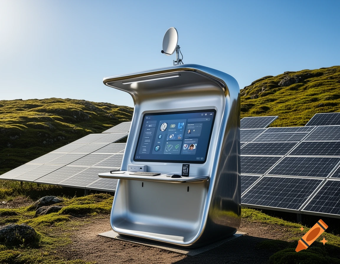 A sleek, chrome outdoor workstation with a smartboard screen, satellite dish, and solar panels in a grassy, sunlit landscape.
