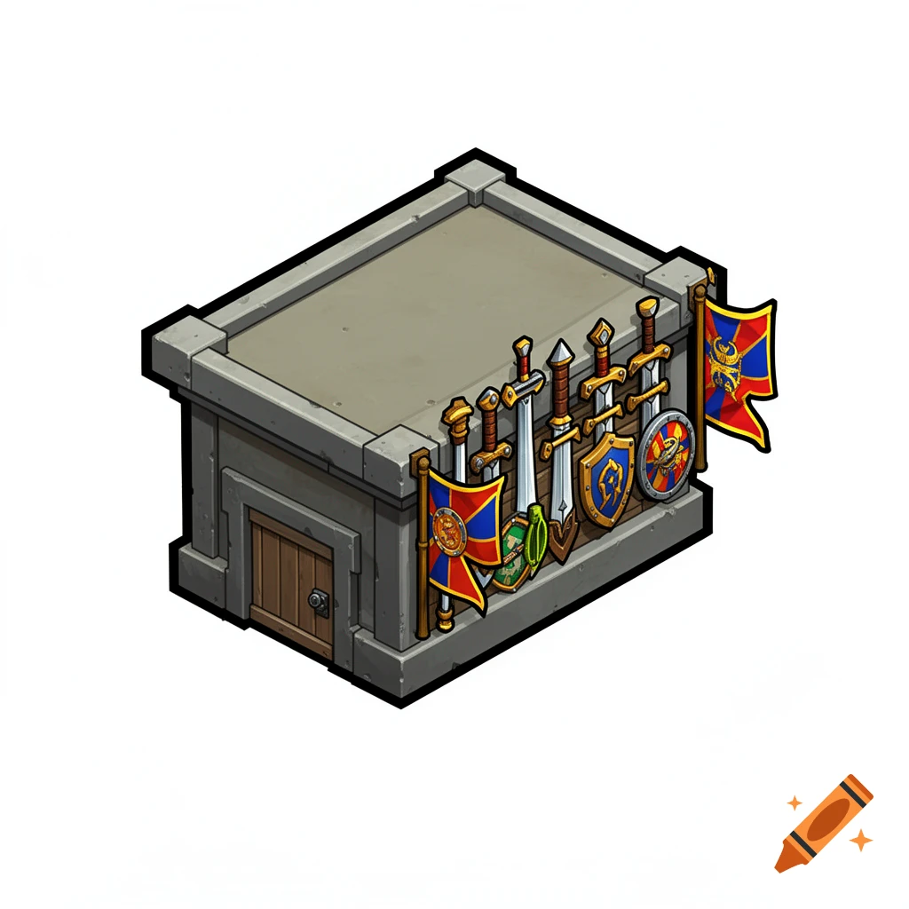 A 2D cartoon game asset of a military barracks with a door, decorated with medieval swords, shields, and colorful flags on a white background.