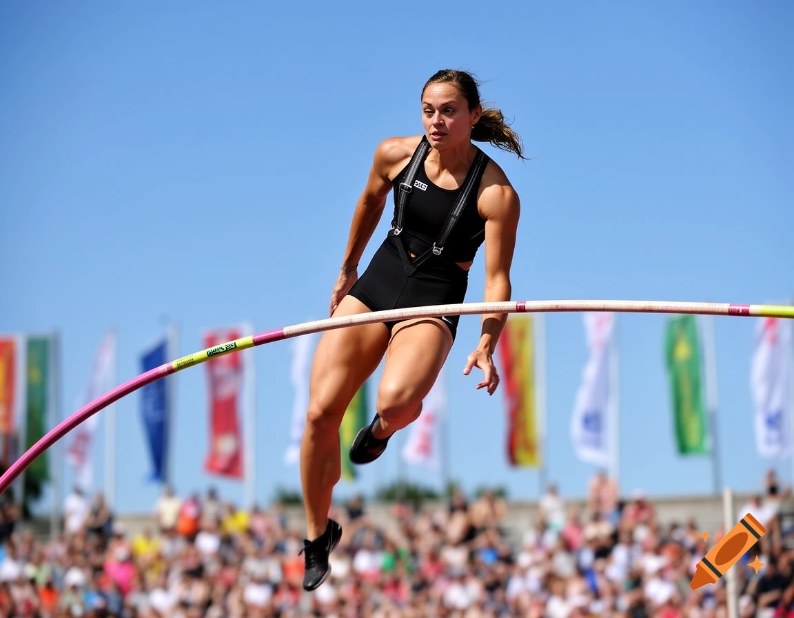 Female pole vaulter in black athletic wear clearing the bar against a bright blue sky, with a blurred crowd and flags in the background.