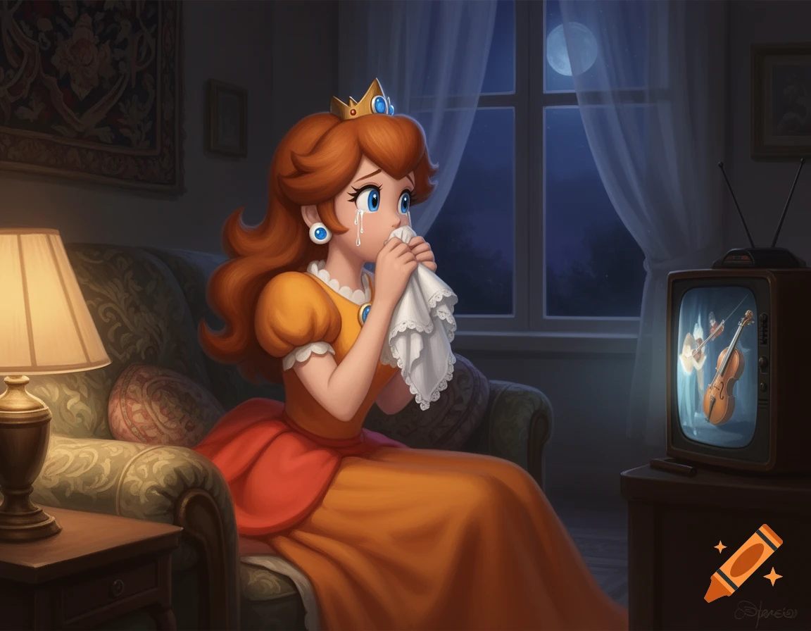 Princess Daisy with reddish-orange hair cries into a handkerchief while watching a sad movie on an old TV in a dimly lit room at night.