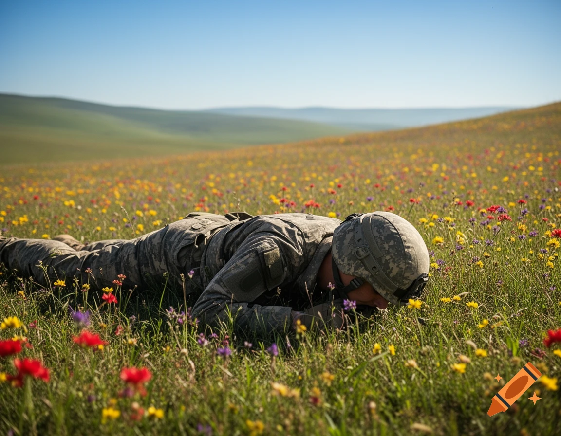 A soldier in camouflage uniform lies prone in a vibrant field of colorful wildflowers under a clear blue sky.