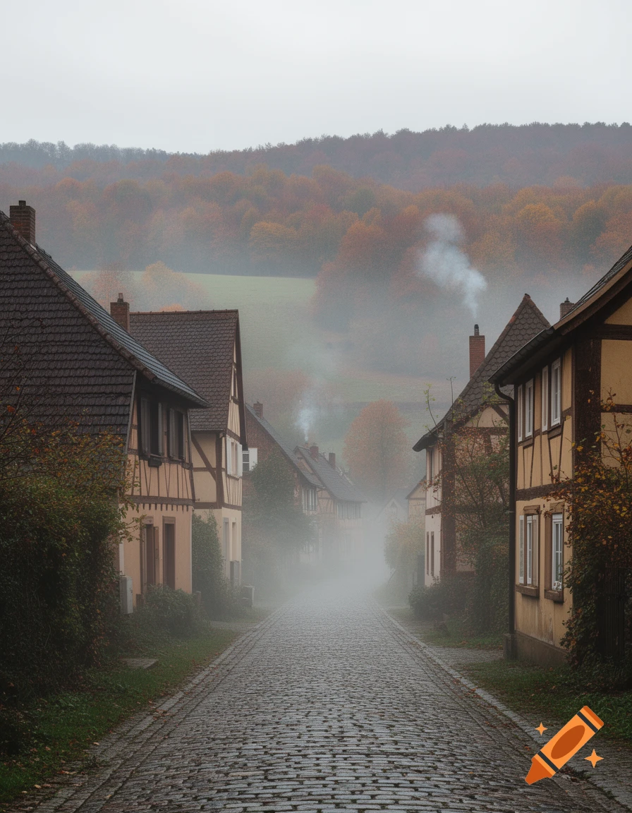 A cobblestone street in a foggy village lined with traditional half-timbered houses and autumn trees.