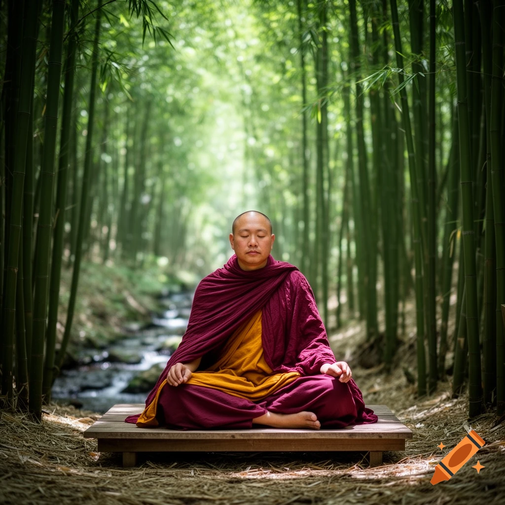 A bald monk in maroon and gold robes meditates on a wooden platform in a serene bamboo forest with a stream.