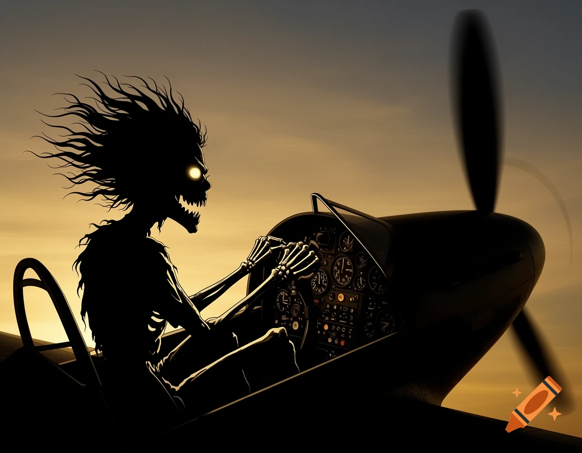 Silhouette of a skeletal monster with glowing eyes piloting a WWII fighter plane against a sunset sky.