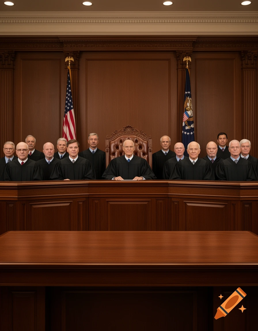 A formal portrait of numerous male judges in black robes seated in a wooden courtroom with American and other flags in the background.