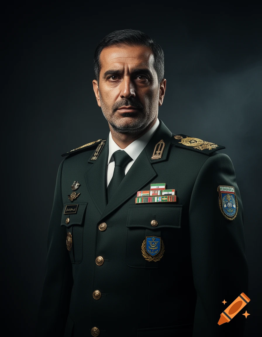 Ultra-realistic cinematic portrait of a serious man with a beard, wearing a dark green military uniform with badges and medals, against a dark, moody background.