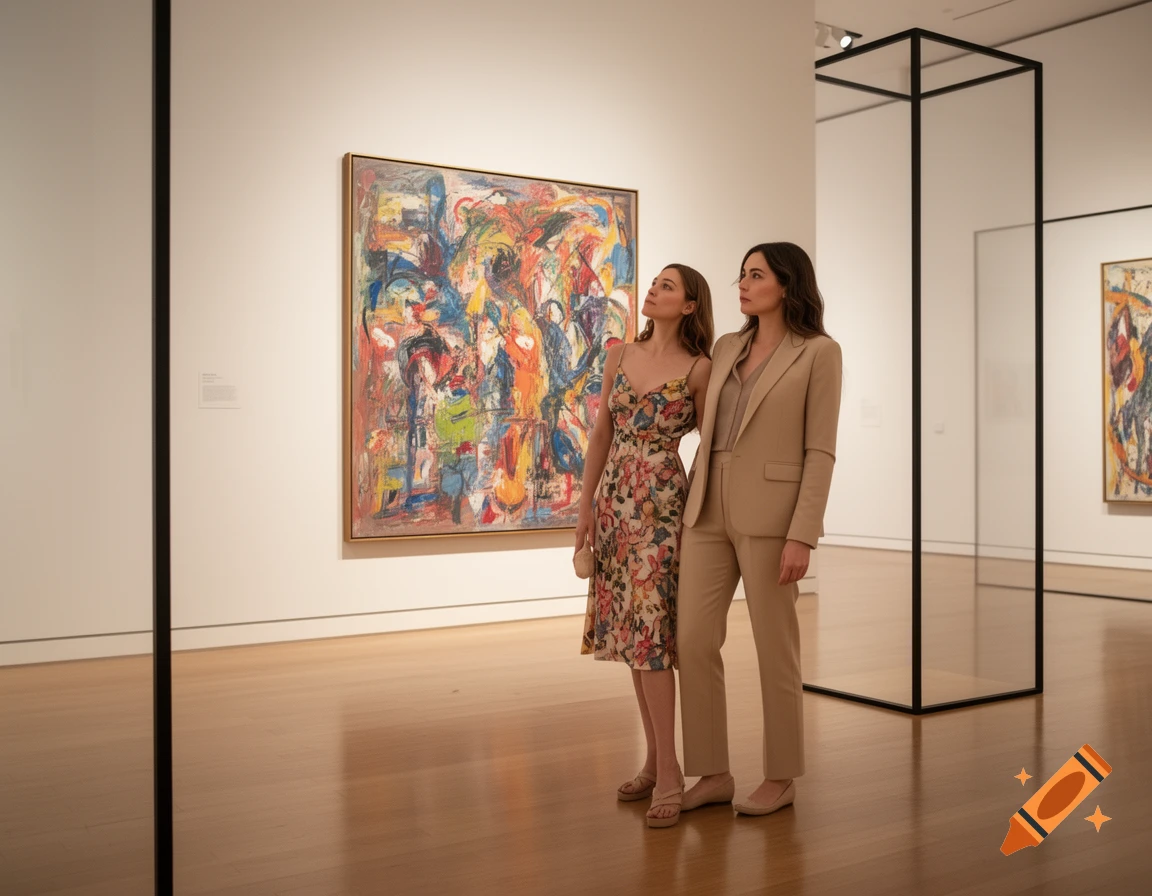 Two women look at an abstract painting in a brightly lit art museum.