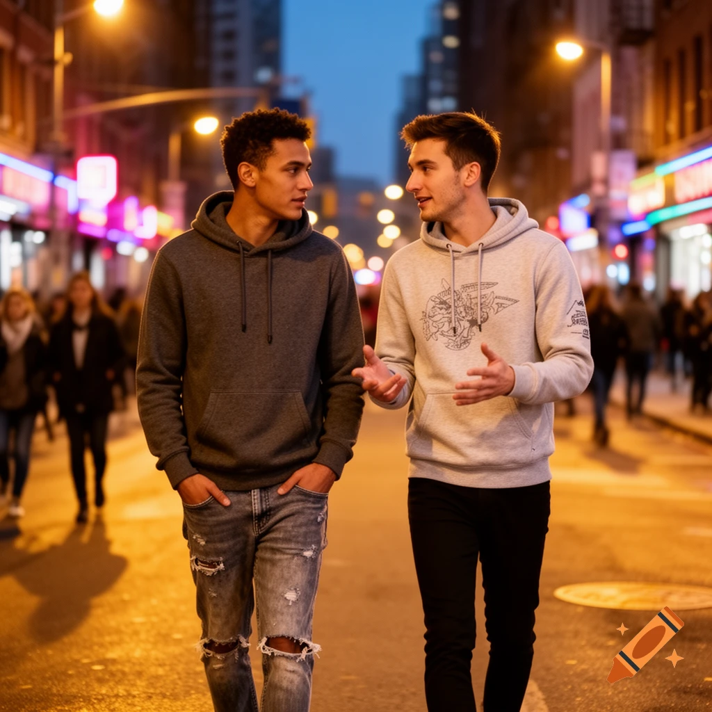 Two young men walk and talk on a bustling city street at night, illuminated by warm streetlights and neon signs. Photorealistic style.