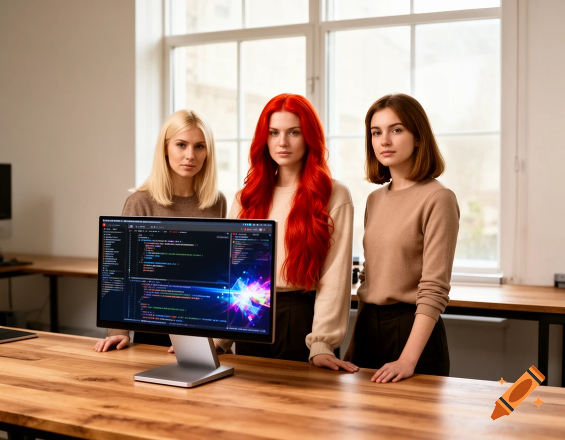 Three women, one blonde, one red-haired, and one brown-haired, stand behind a desk with a computer displaying code.