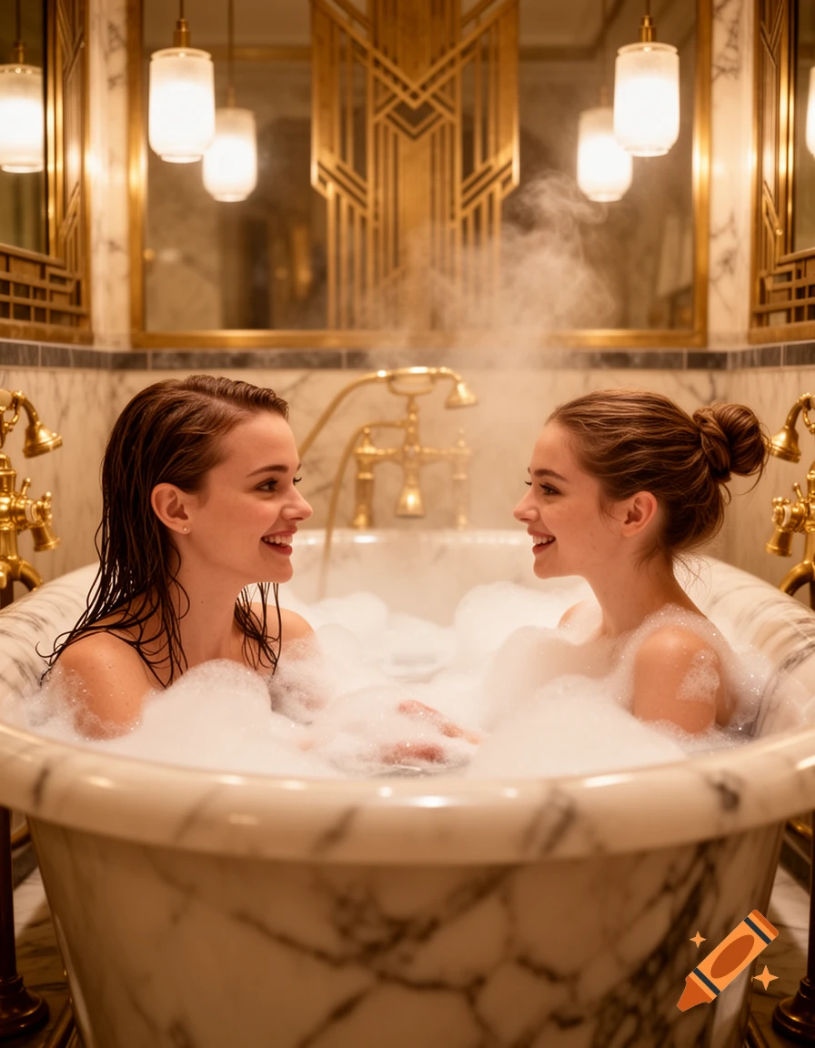 Two smiling women relaxing in a luxurious bubble bath with golden fixtures and marble decor.
